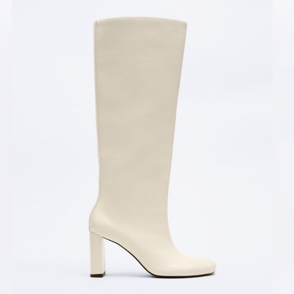 Zara ivory off white cream round toe knee high heeled chunky block heel boots - Picture 2 of 5